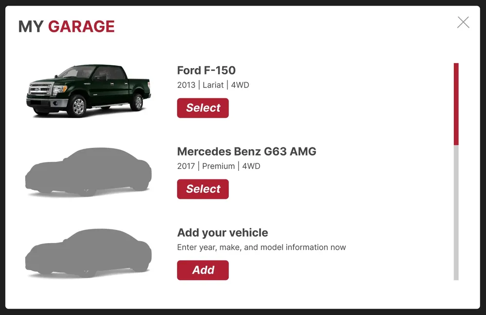 The garage module allows users to save up to 6 vehicles in their virtual garage for fast switching of shopping contexts. Images are fetched from the Evox photography API.